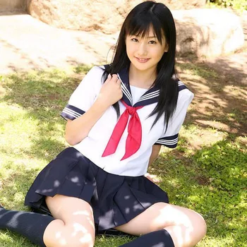 Japansk skole pige uniform | 3 bar hvide , korte ærmer , rød tørklæde matroskrave | cosplay JK ensartet tøj til kvinder